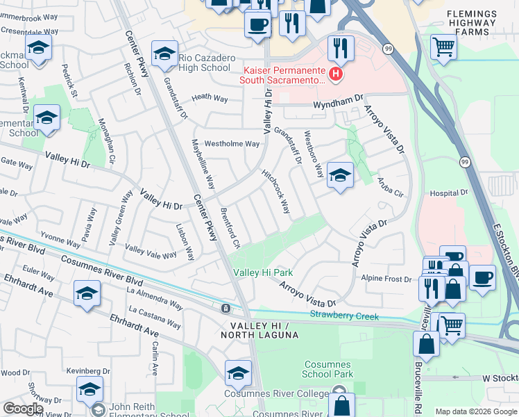 map of restaurants, bars, coffee shops, grocery stores, and more near 81 Kennelford Circle in Sacramento