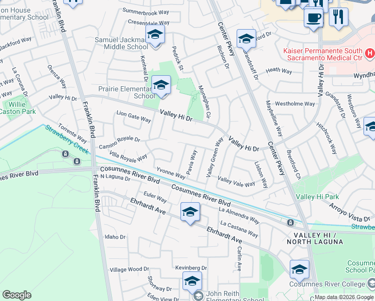 map of restaurants, bars, coffee shops, grocery stores, and more near 8120 Pavia Way in Sacramento