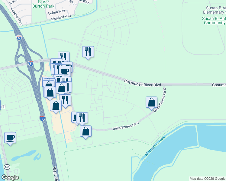 map of restaurants, bars, coffee shops, grocery stores, and more near Cosumnes River Boulevard in Sacramento