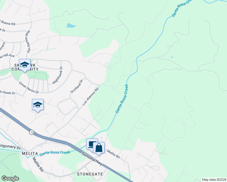 map of restaurants, bars, coffee shops, grocery stores, and more near 858 Wildwood Trail in Santa Rosa