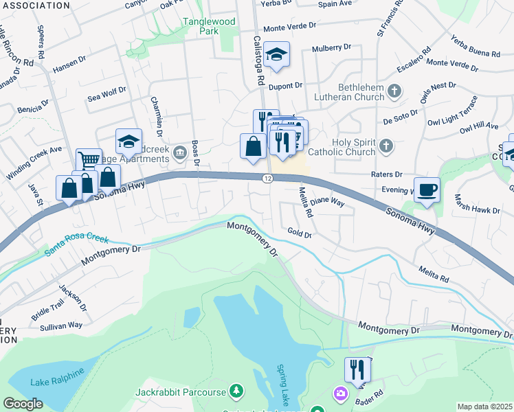 map of restaurants, bars, coffee shops, grocery stores, and more near 5168 Mattson Place in Santa Rosa