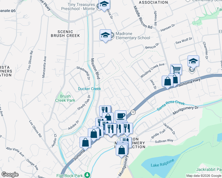 map of restaurants, bars, coffee shops, grocery stores, and more near 1106 Prospect Avenue in Santa Rosa