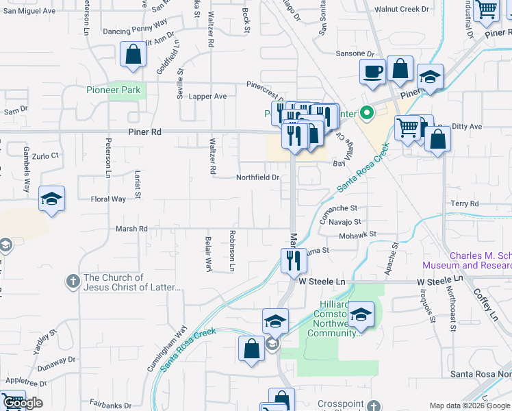 map of restaurants, bars, coffee shops, grocery stores, and more near 3011 Manning Court in Santa Rosa