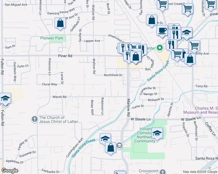 map of restaurants, bars, coffee shops, grocery stores, and more near 3011 Manning Court in Santa Rosa
