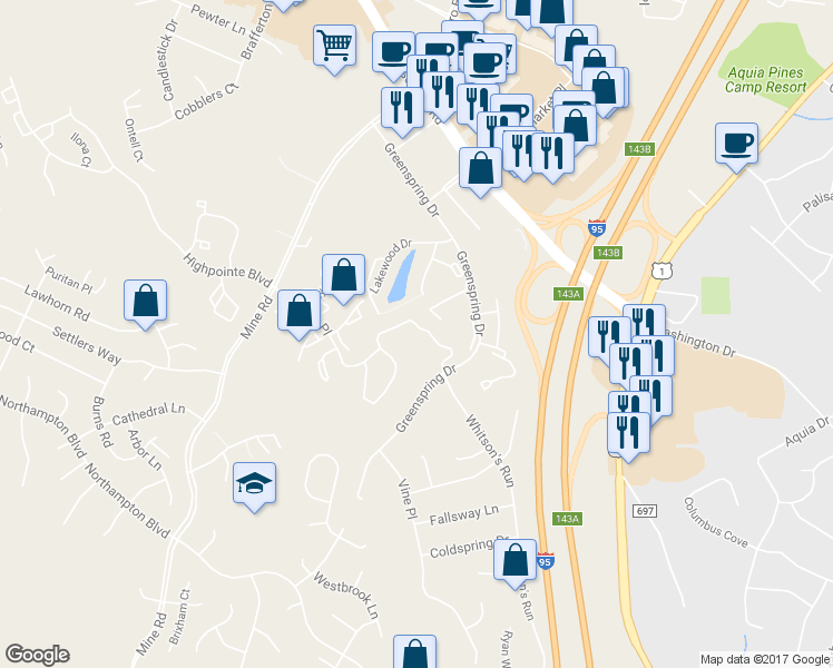map of restaurants, bars, coffee shops, grocery stores, and more near 401 Providence Street in Stafford