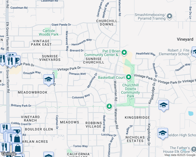 map of restaurants, bars, coffee shops, grocery stores, and more near 9213 Gambier Court in Sacramento