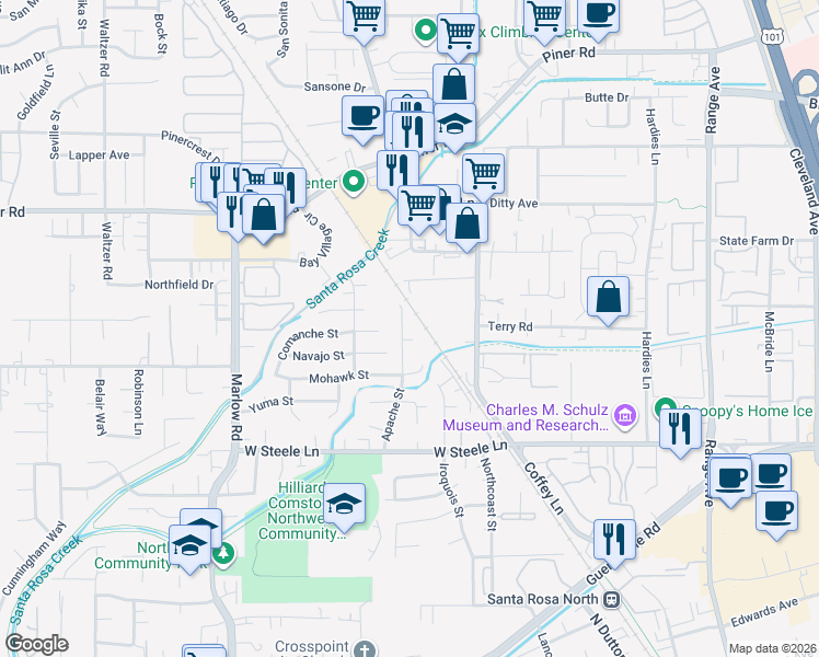 map of restaurants, bars, coffee shops, grocery stores, and more near 2615 Navajo Street in Santa Rosa