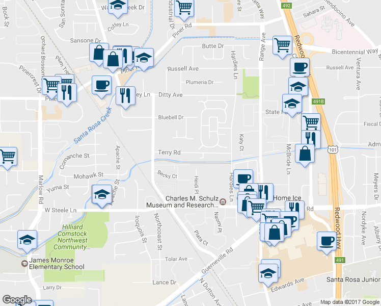 map of restaurants, bars, coffee shops, grocery stores, and more near 1936 Terry Road in Santa Rosa