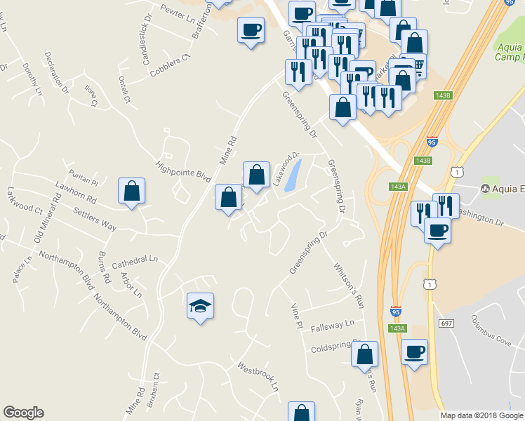 map of restaurants, bars, coffee shops, grocery stores, and more near 304 Tolbelt Court in Stafford