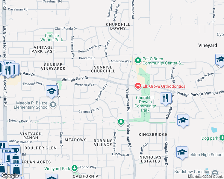 map of restaurants, bars, coffee shops, grocery stores, and more near 8132 Arnside Way in Sacramento