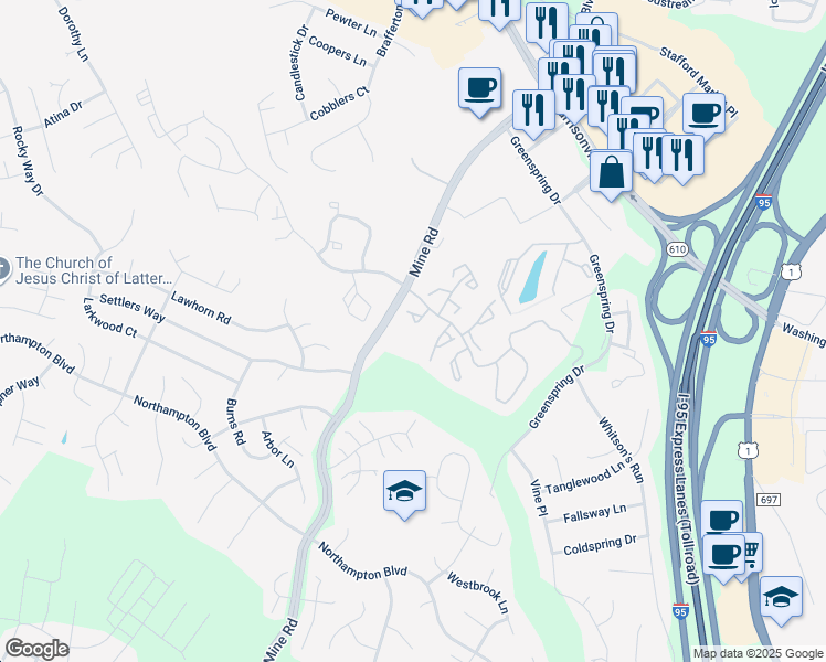 map of restaurants, bars, coffee shops, grocery stores, and more near 209 Bentley Court in Stafford