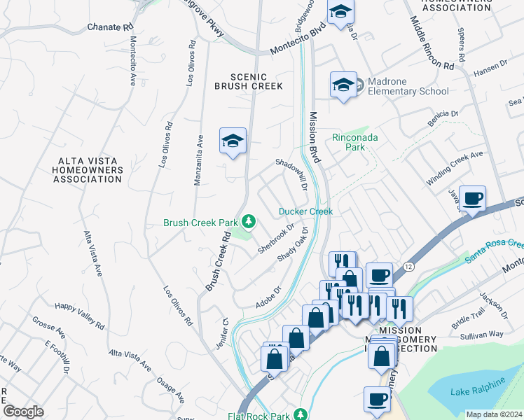 map of restaurants, bars, coffee shops, grocery stores, and more near 1123 Shadyslope Drive in Santa Rosa