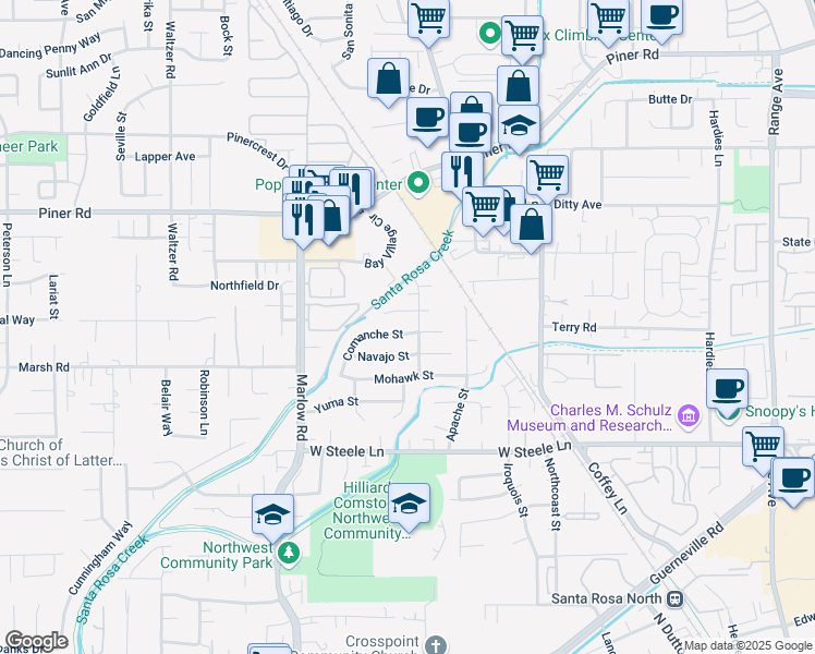 map of restaurants, bars, coffee shops, grocery stores, and more near 3010 Cherokee Avenue in Santa Rosa