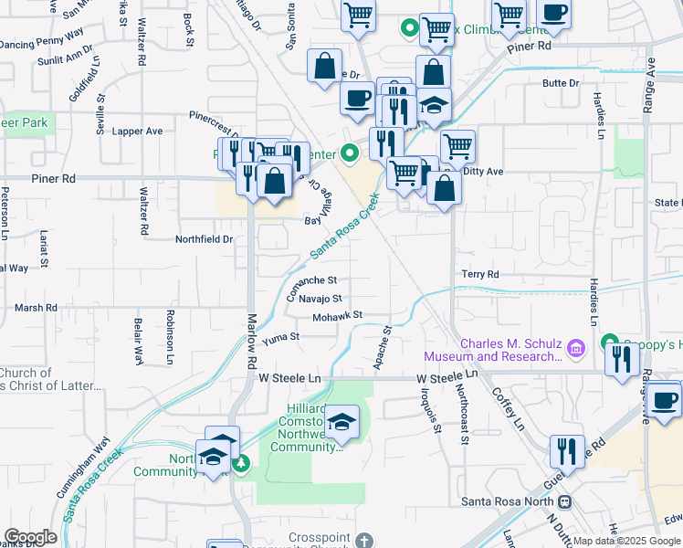 map of restaurants, bars, coffee shops, grocery stores, and more near 3010 Cherokee Avenue in Santa Rosa