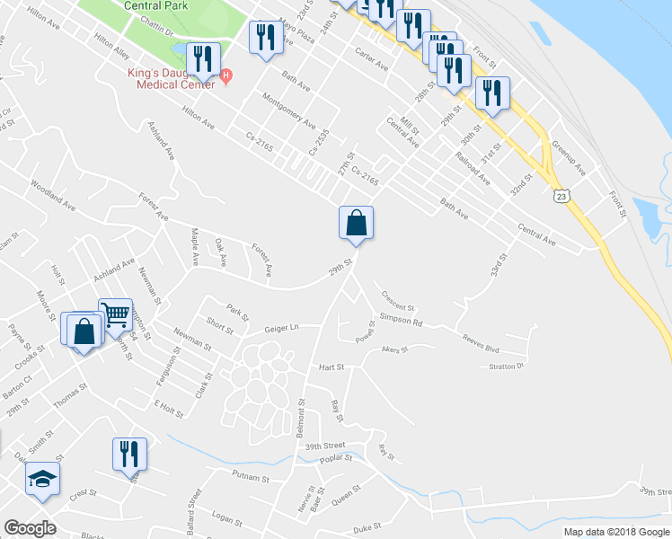 map of restaurants, bars, coffee shops, grocery stores, and more near 981 29th Street in Ashland