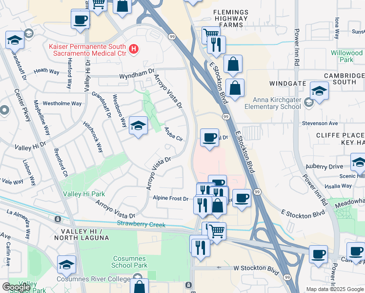 map of restaurants, bars, coffee shops, grocery stores, and more near 8118 Arroyo Vista Drive in Sacramento