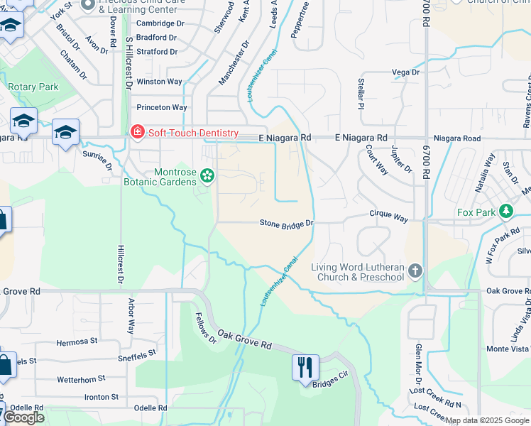 map of restaurants, bars, coffee shops, grocery stores, and more near 2366 Robins Way in Montrose