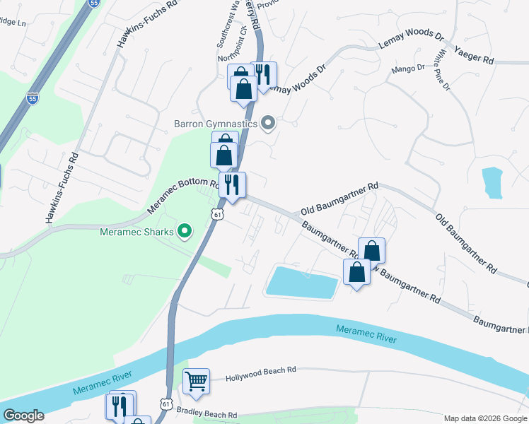 map of restaurants, bars, coffee shops, grocery stores, and more near 5454 Baumgartner Road in St. Louis
