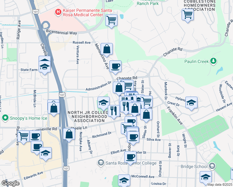 map of restaurants, bars, coffee shops, grocery stores, and more near 2305 Rowe Drive in Santa Rosa