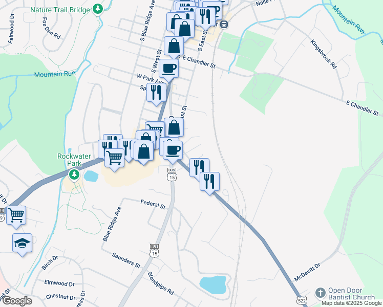 map of restaurants, bars, coffee shops, grocery stores, and more near 1401 Old Fredericksburg Road in Culpeper