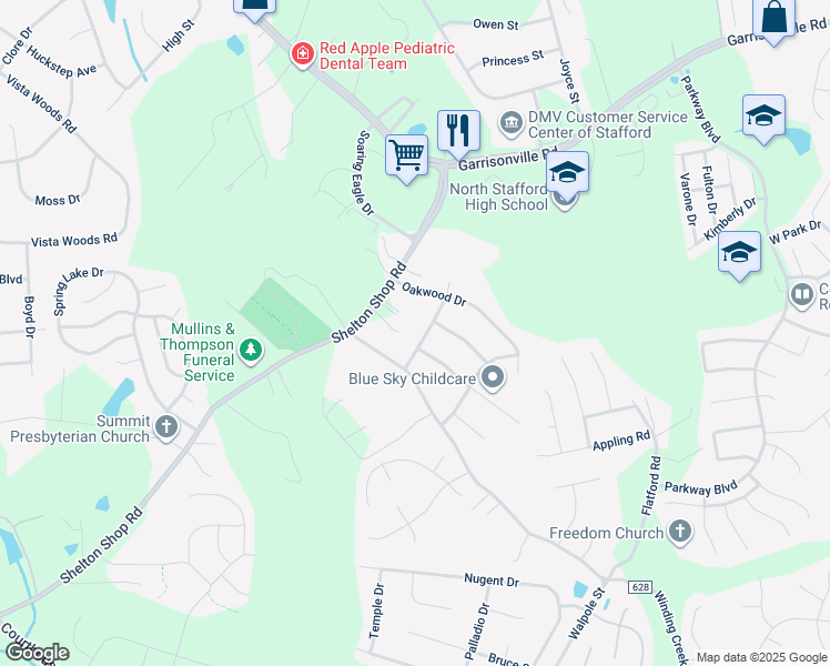 map of restaurants, bars, coffee shops, grocery stores, and more near 109 Glenwood Avenue in Stafford
