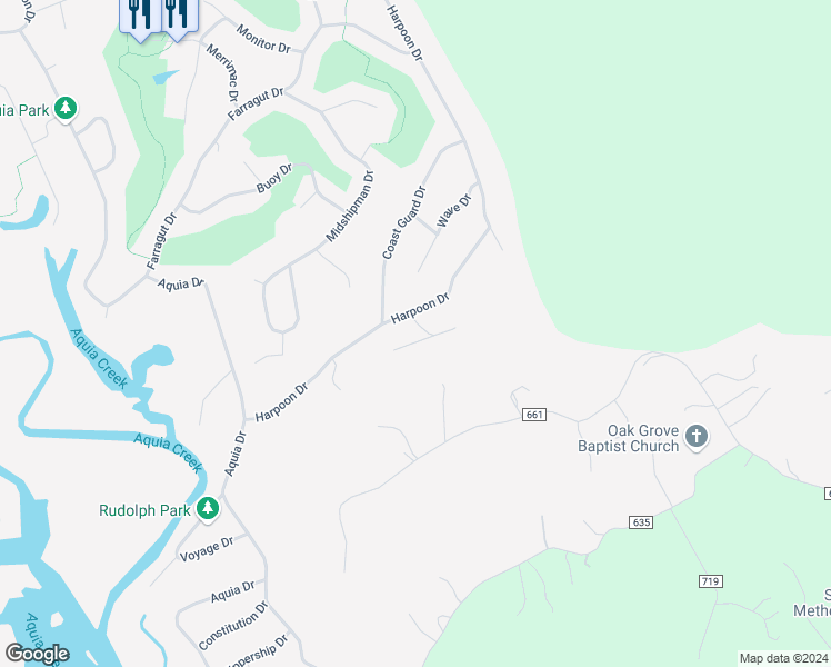 map of restaurants, bars, coffee shops, grocery stores, and more near 201 Bulkhead Cove in Stafford