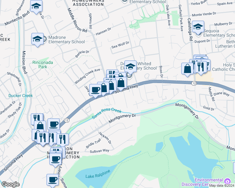 map of restaurants, bars, coffee shops, grocery stores, and more near 4920 California 12 in Santa Rosa
