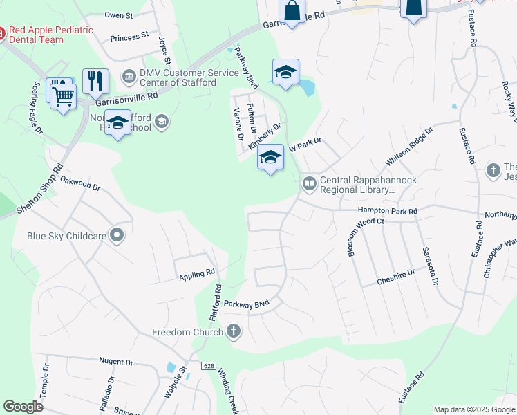 map of restaurants, bars, coffee shops, grocery stores, and more near 22 Regency Drive in Stafford