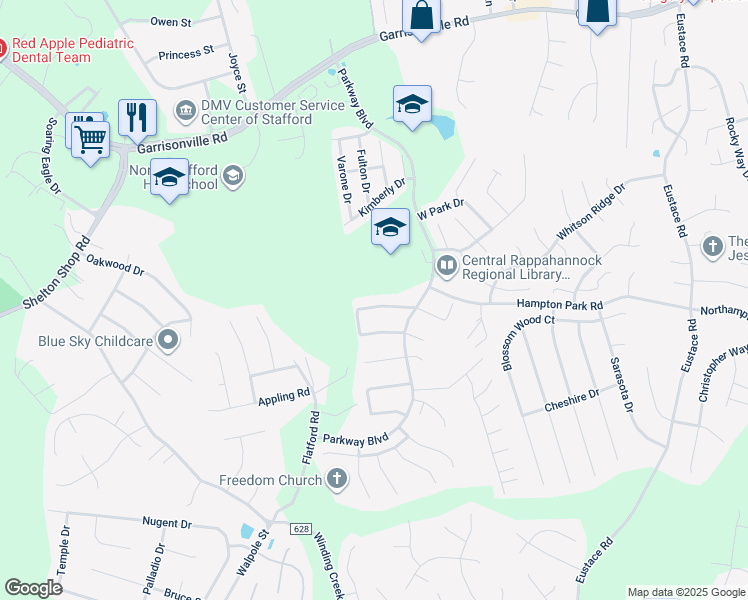 map of restaurants, bars, coffee shops, grocery stores, and more near 22 Regency Drive in Stafford