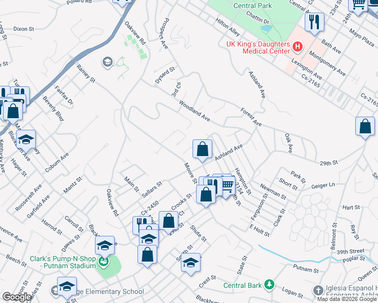 map of restaurants, bars, coffee shops, grocery stores, and more near 2425 Moore Street in Ashland