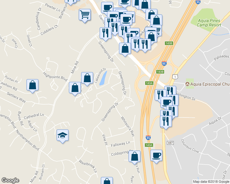 map of restaurants, bars, coffee shops, grocery stores, and more near 603 Ridgecrest Court in Stafford
