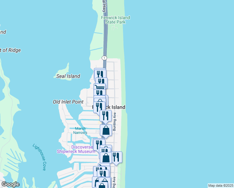 map of restaurants, bars, coffee shops, grocery stores, and more near 1307 Bunting Avenue in Fenwick Island