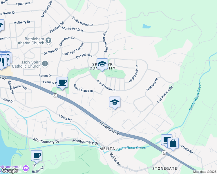 map of restaurants, bars, coffee shops, grocery stores, and more near 1417 Snowy Cloud Way in Santa Rosa