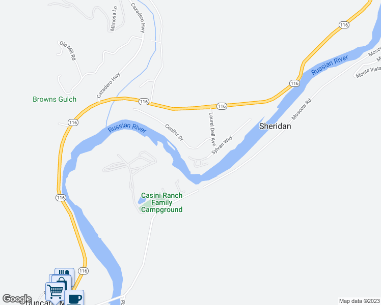 map of restaurants, bars, coffee shops, grocery stores, and more near 22859 Conifer Drive in Monte Rio