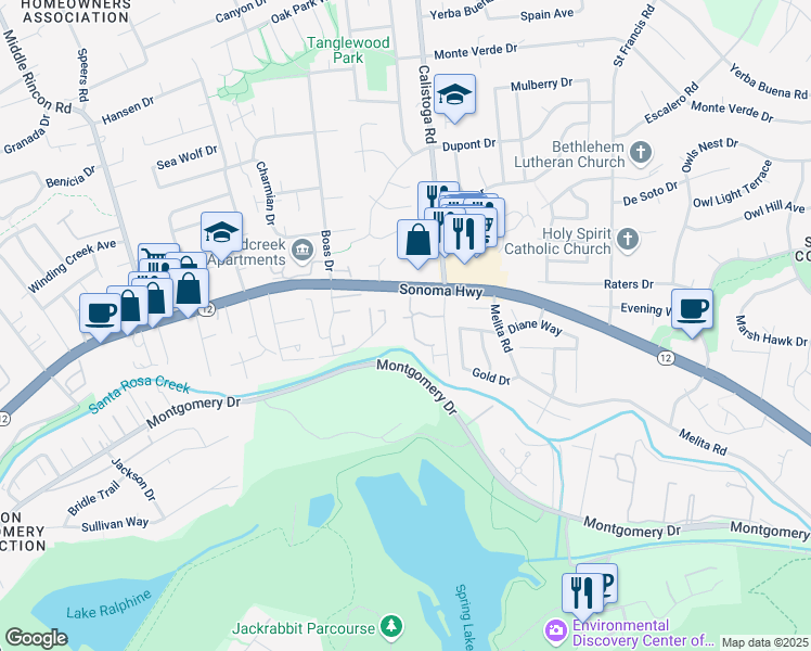 map of restaurants, bars, coffee shops, grocery stores, and more near 5084 Firestone Court in Santa Rosa