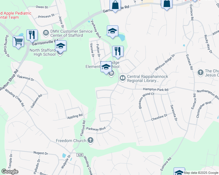 map of restaurants, bars, coffee shops, grocery stores, and more near 6 Regency Drive in Stafford