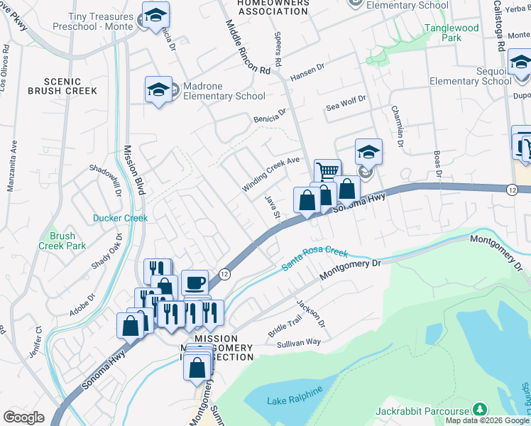 map of restaurants, bars, coffee shops, grocery stores, and more near 4704 Starbuck Avenue in Santa Rosa