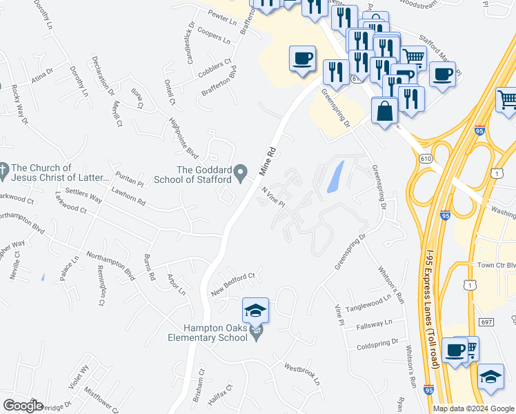 map of restaurants, bars, coffee shops, grocery stores, and more near 301 Bentley Court in Stafford