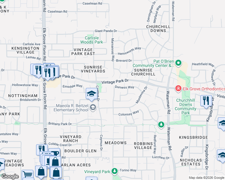 map of restaurants, bars, coffee shops, grocery stores, and more near 9097 Durness Way in Sacramento