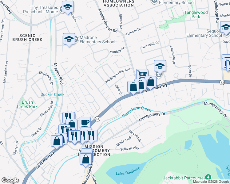 map of restaurants, bars, coffee shops, grocery stores, and more near 4704 Starbuck Avenue in Santa Rosa