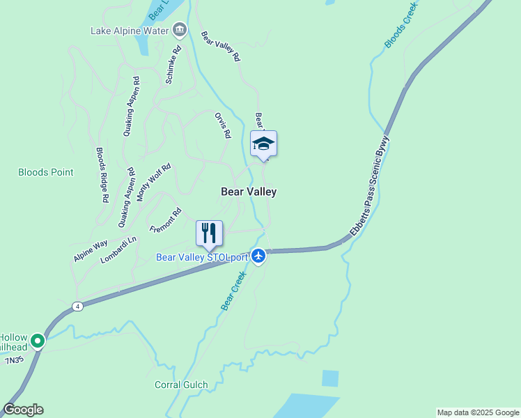map of restaurants, bars, coffee shops, grocery stores, and more near 200-304 Creekside Dr in Bear Valley