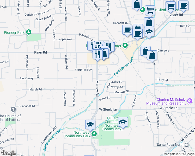 map of restaurants, bars, coffee shops, grocery stores, and more near Marlow Rd & Windmill Cir in Santa Rosa