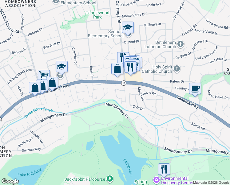 map of restaurants, bars, coffee shops, grocery stores, and more near 97 Firestone Way in Santa Rosa