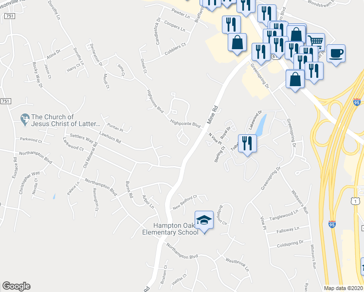 map of restaurants, bars, coffee shops, grocery stores, and more near 601 Knollwood Court in Stafford