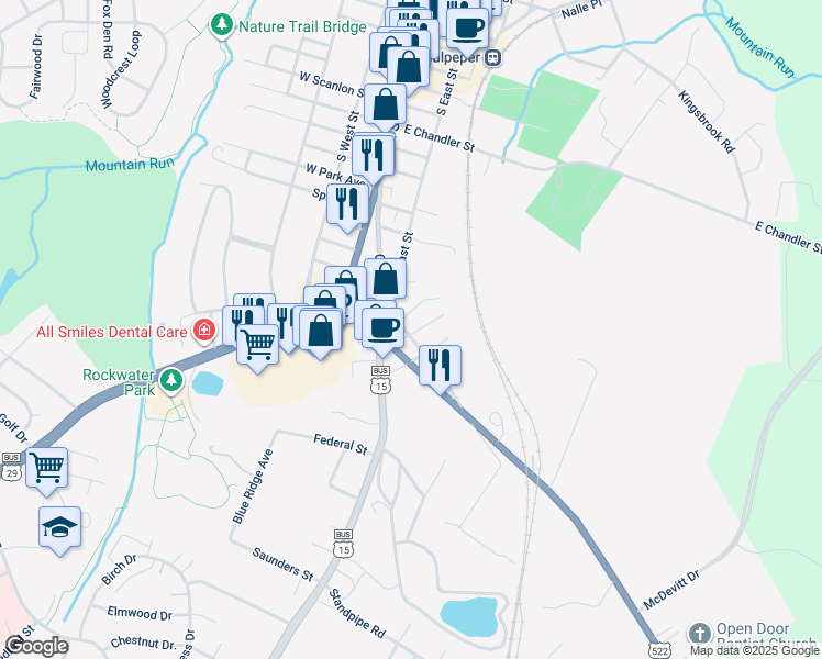 map of restaurants, bars, coffee shops, grocery stores, and more near 1319 Old Fredericksburg Road in Culpeper
