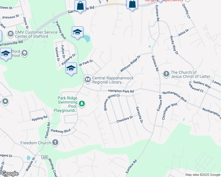 map of restaurants, bars, coffee shops, grocery stores, and more near 10 Knollside Court in Stafford