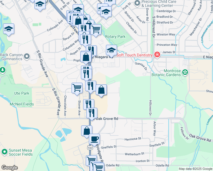 map of restaurants, bars, coffee shops, grocery stores, and more near 1600 Church Street in Montrose
