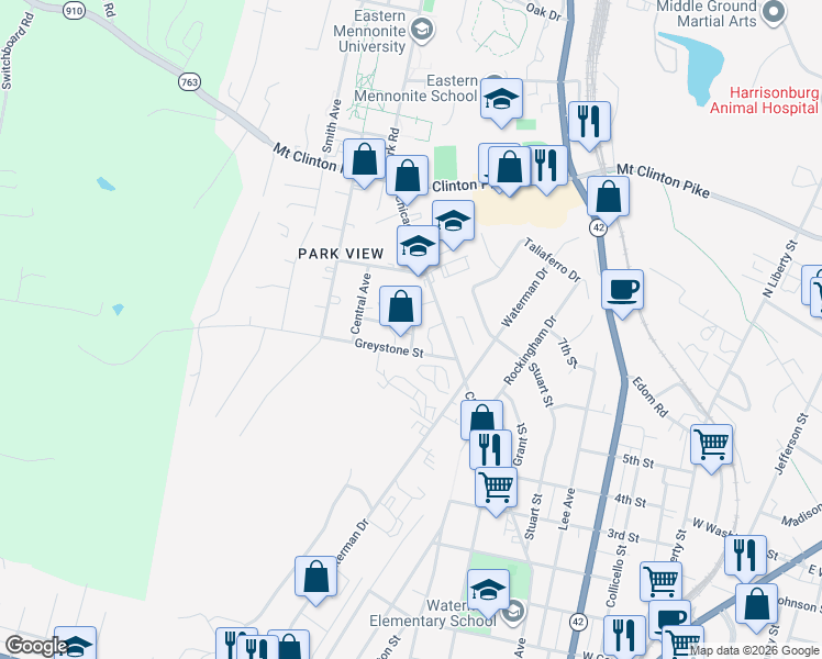 map of restaurants, bars, coffee shops, grocery stores, and more near 1006 Ashwood Street in Harrisonburg