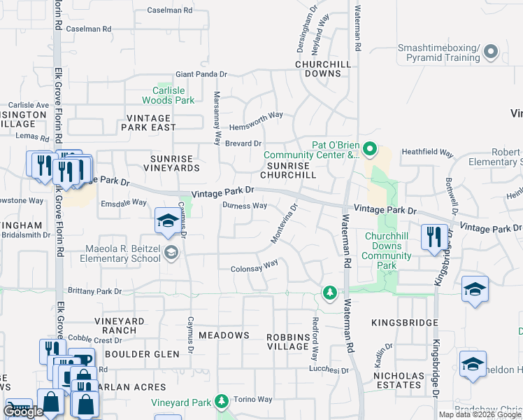 map of restaurants, bars, coffee shops, grocery stores, and more near 9148 Durness Way in Sacramento