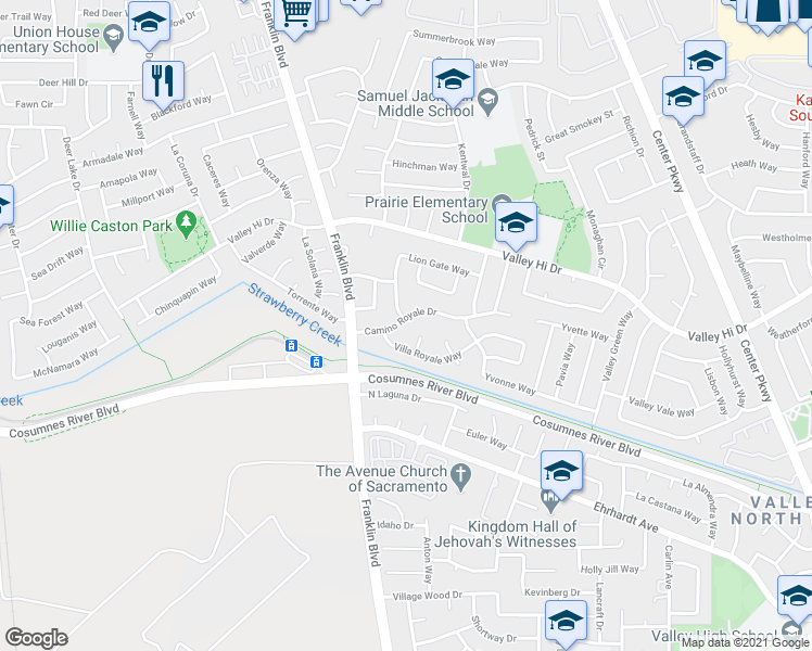 map of restaurants, bars, coffee shops, grocery stores, and more near 8075 Kingsdale Way in Sacramento